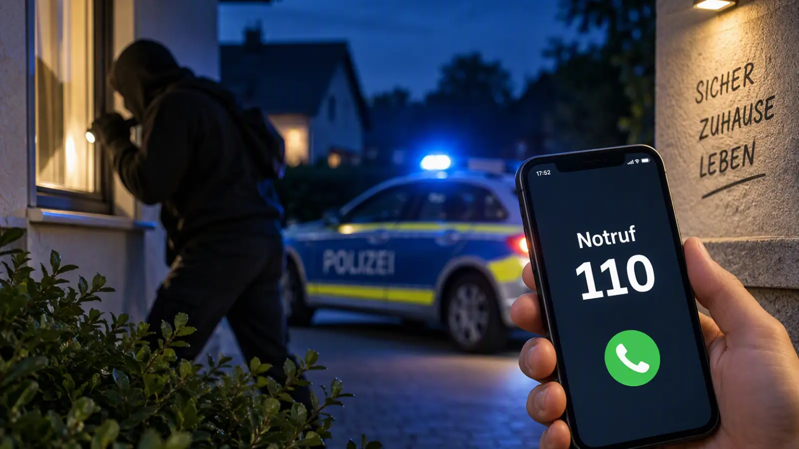 Die Polizei empfiehlt, bei verdächtigen Beobachtungen oder Einbruchsverdacht grundsätzlich die Notrufnummer 110 zu wählen. (Symbolbild: KI generiertes Bild)