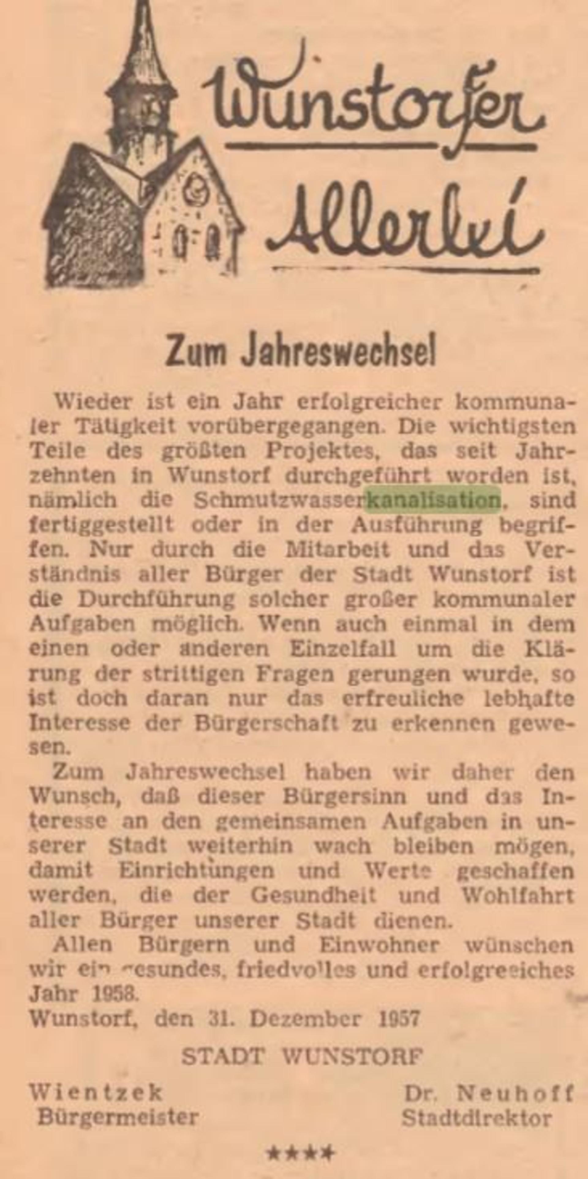 Zum Jahreswechsel, Wunstorfer Zeitung 31.12.1957. (Foto: privat)