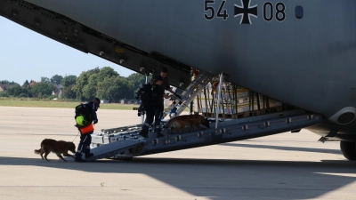 Das Material ist verstaut: Ehrenamtliche Helfer des THW und vier Hunde steigen in den A400M ein. (Foto: gi)