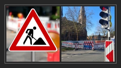 Regelt den Verkehr: Baustellenampel vor der Nicolaikirche. (Foto: gi, Bildmontage)