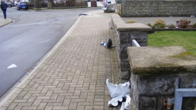 Verteilen sich entlang der Straße und auf die Grundstücke: Abgerissene Werbeplakate. (Foto: privat)