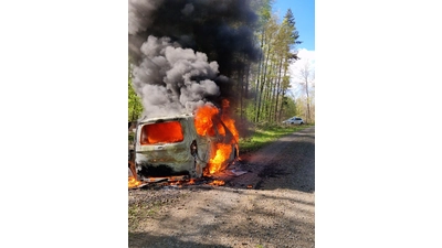 Die Feuerwehrleute finden im Wald ein Auto im Vollbrand vor, sie versorgen drei verletzte Personen. (Foto: Borchers, Bastian)