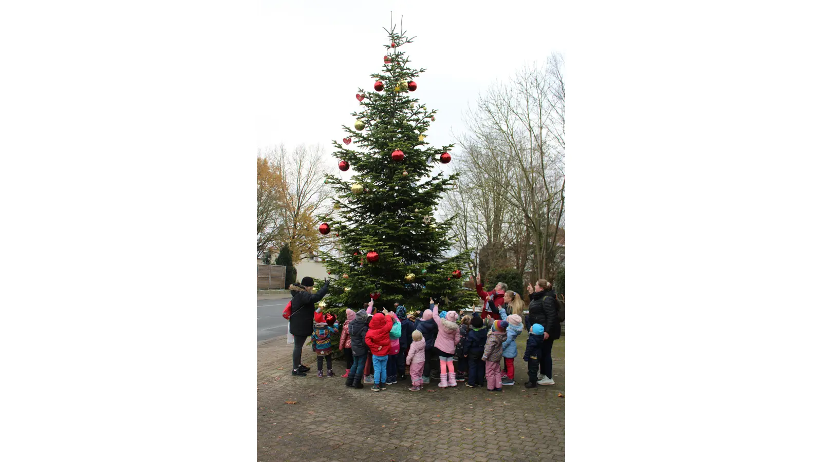 Die Kindergartenkinder bestaunen den geschmückten Weihnachtsbaum. 