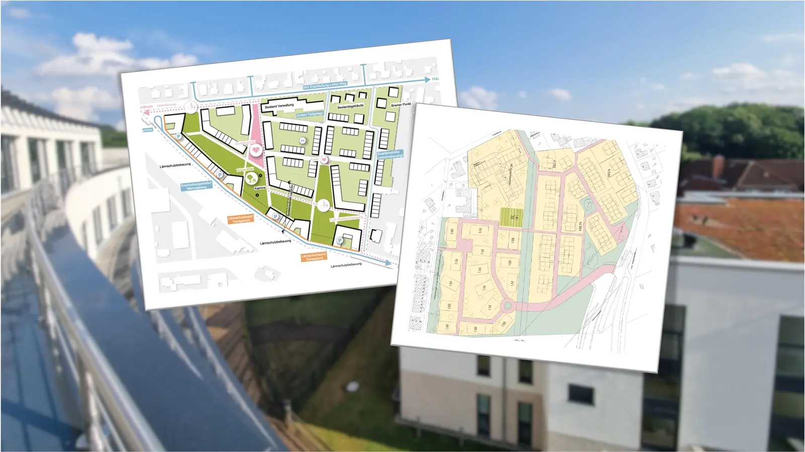 Mit der Entwicklung neuer Wohngebiete wie etwa dem Oststadtbogen (li.) oder auf dem ehemaligen Brändel-Grundstück in Blumenau sollen verbindliche Leitplanken gelten.  (Foto: tau, privat, Bildmontage)