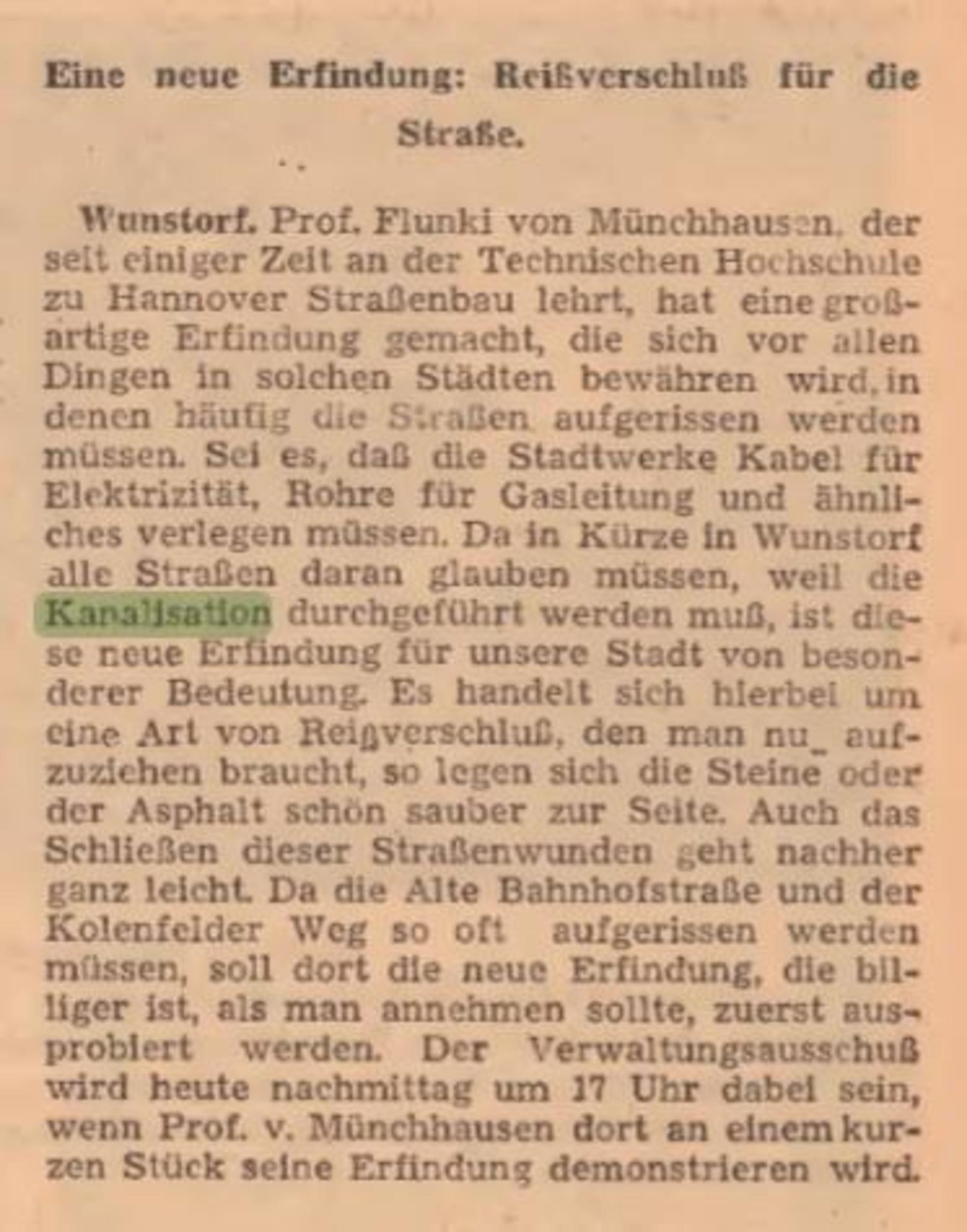 Aprilscherz Kanalisation, Wunstorfer Zeitung 01.04.1957. (Foto: privat)