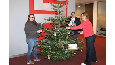Nicole Wehner, Michaela Becker und Frank Frevert hängen die Wunschanhänger an den Baum. <br><br> (Foto: bb)