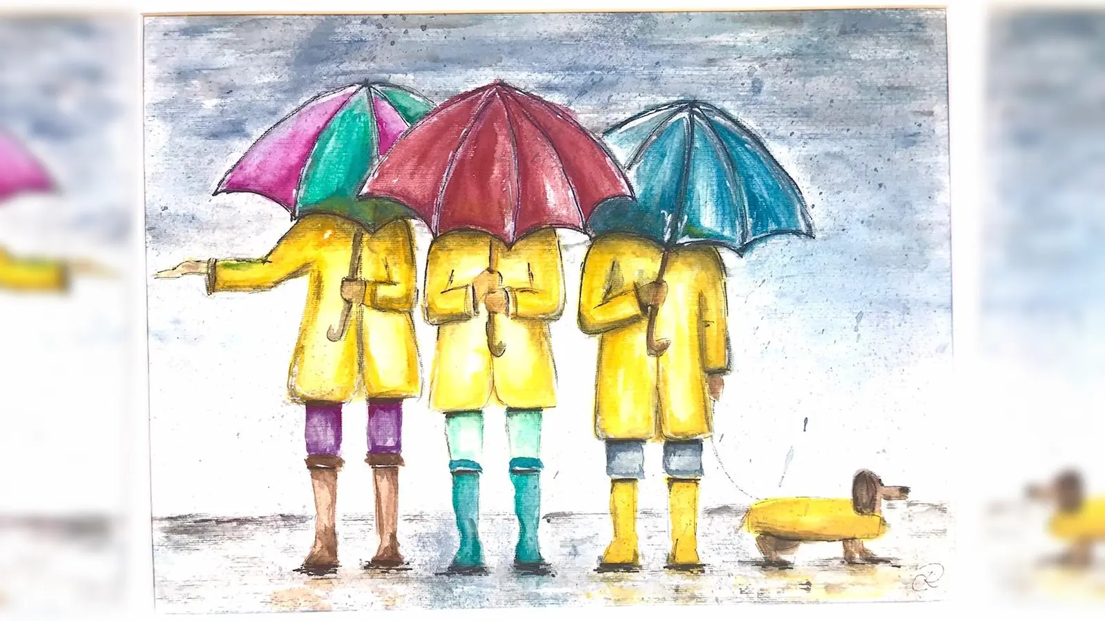 Petra Rülling interpretiert das Thema „Wasser“ ganz herbstlich mit Regenschirm, Gummistiefeln und Friesennerz.