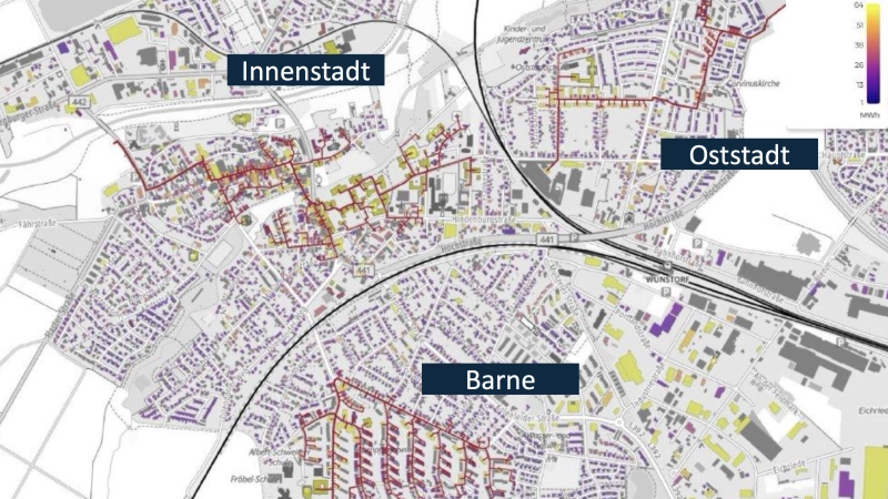 In der Betrachtung: Teilgebiete für Wärmenetze in Wunstorf. (Grafik: MeerWärme)