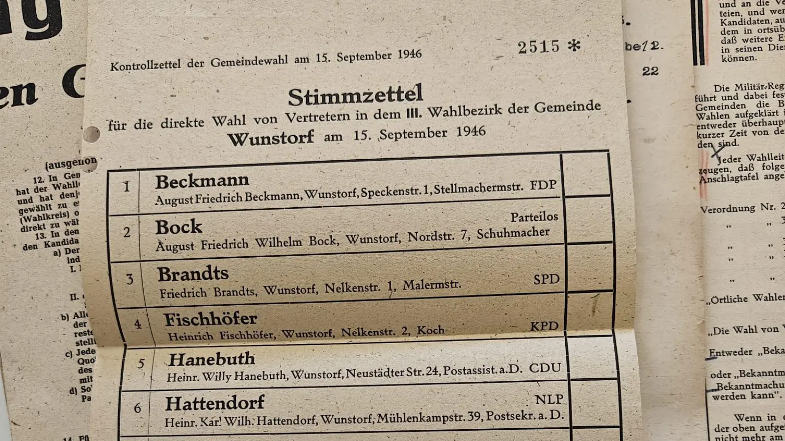 Sie standen 1946 zur Wahl: Wahlzettel für Wunstorf. (Foto: Stadtarchiv)