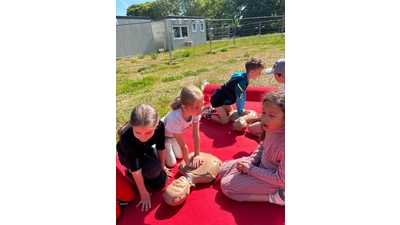 Am System „Minnie-Anne” sammeln die Grundschüler erste Erfahrungen mit der Herz-Lungen-Wiederbelebung. (Foto: privat)