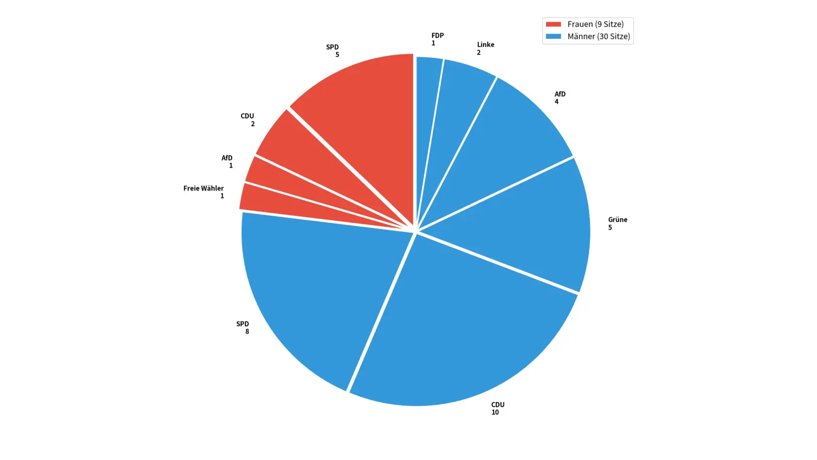 Neun Frauen gegenüber 30 Männern: So sieht die Geschlechterverteilung des neuen Stadtrats aus. (Grafik: jb)