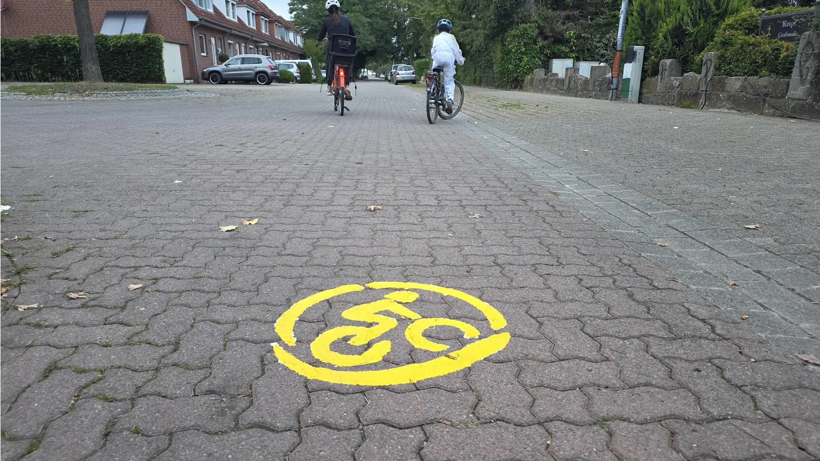 Kennzeichnen den Verlauf der Radvorrangroute: Neue Piktogramme auf Straßen und Wegen.  (Foto: tau)