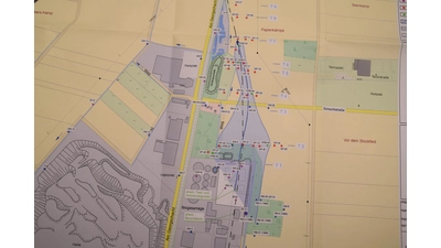 Metergenau eingetragen sind die bisherigen Messpunkte an der Teerölfahne. Mitte oben die zu sanierende Kohlengrus-Halde. (Genehmigung der Darstellung durch den Landkreis Schaumburg) (Foto: ab)