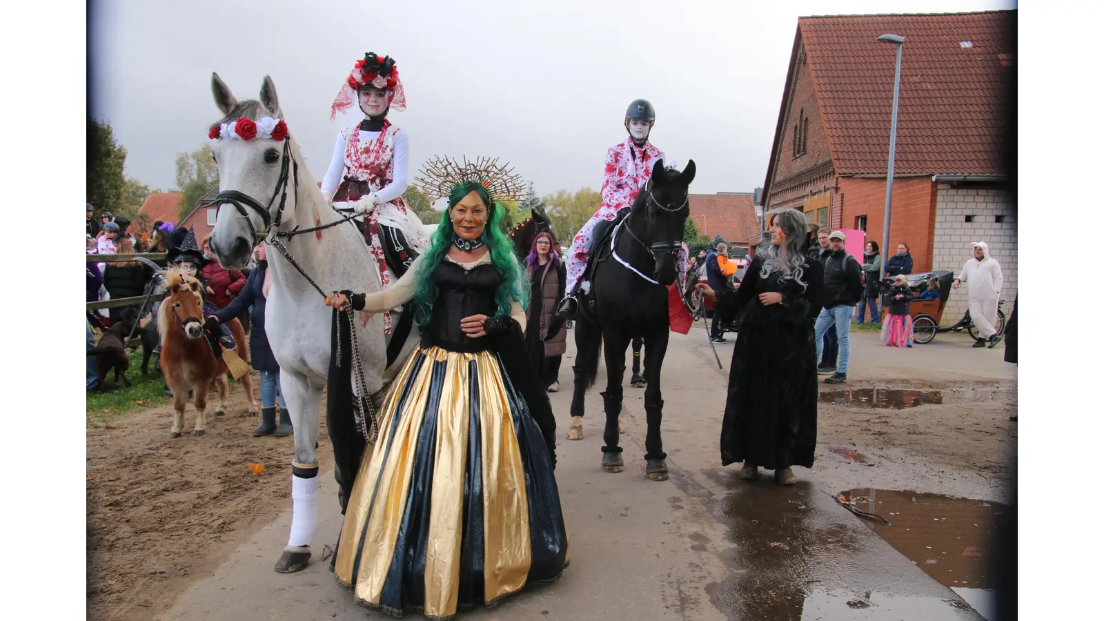 Organisatorin Alexandra Mortfeld (vorn links) als Medusa, dahinter die beiden Pferde (links „Lissi“, ein international erfolgreiches Springpferd) mit dem toten Brautpaar. 