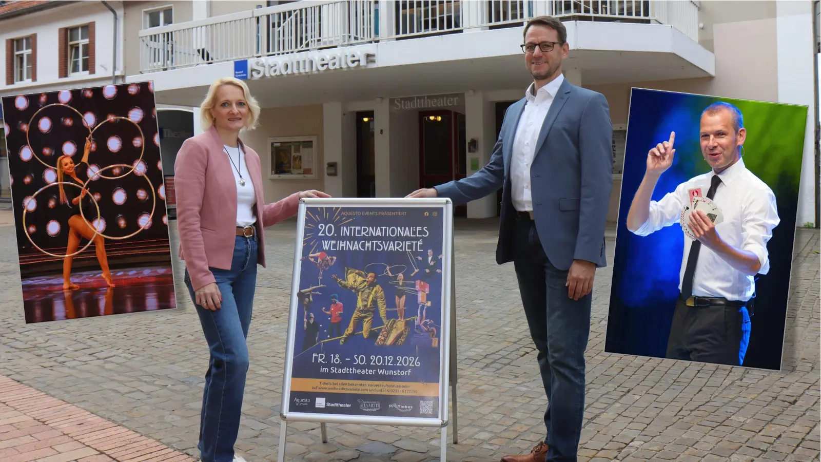 Vor dem Stadttheater: Christina und Tobias Rademacher von Aquesto Events. (Foto: tau, privat, Bildmontage)