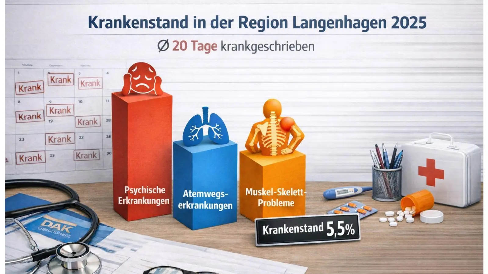 Daten ausgewertet: Beschäftigte sind im Durchschnitt an 20 Tagen krankgeschrieben. (Foto: KI generiertes Bild)