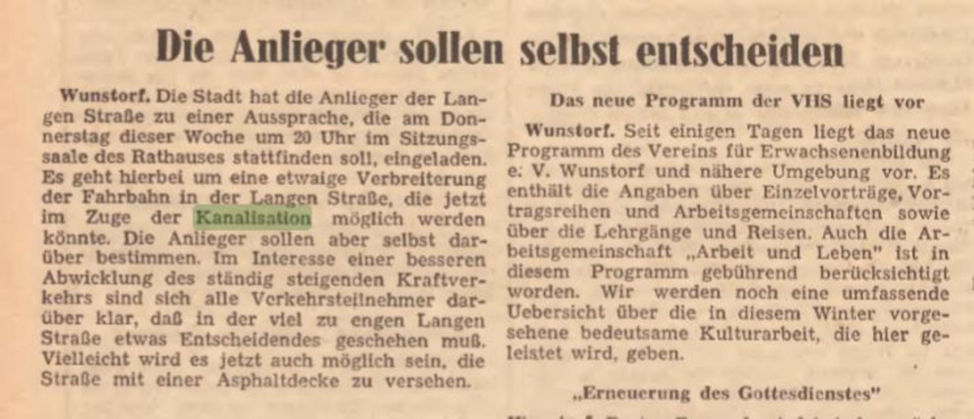  Verbreiterung Lange Straße, Wunstorfer Zeitung 10.09.1957. (Foto: privat)