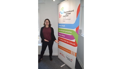 Britta Dostert am Roll-Up im Stadt.Raum. (Foto: ab)