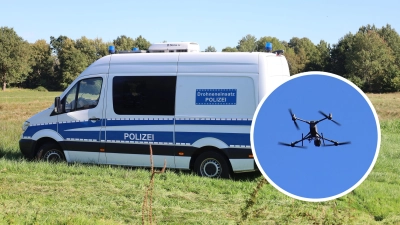 Im Einsatz: Eine Drohne der Polizei unterstützt bei der Suchaktion. (Foto: Julian Kemm)